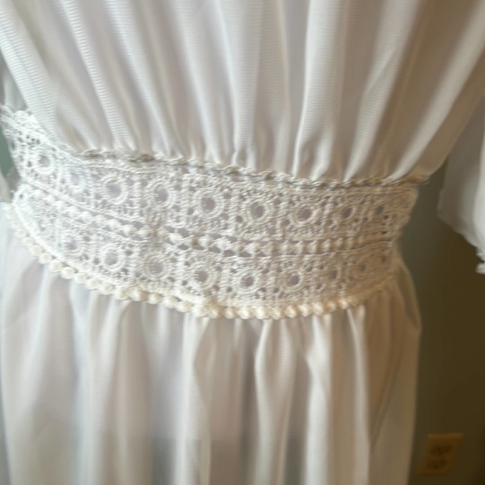 White sheer Cotton/blend Long crochet eyelet lace swim dress coverup tie waist - Picture 9 of 9